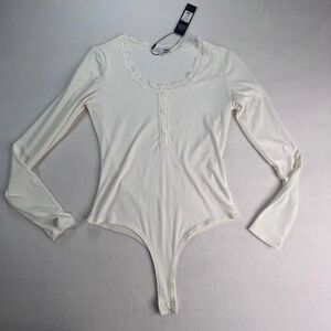 Fashion Nova Good Intentions Lace Trim Bodysuit Cream Ribbed Long Sleeve‎ M NEW